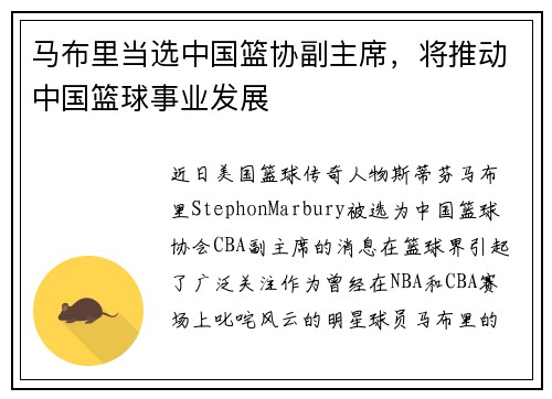 马布里当选中国篮协副主席，将推动中国篮球事业发展
